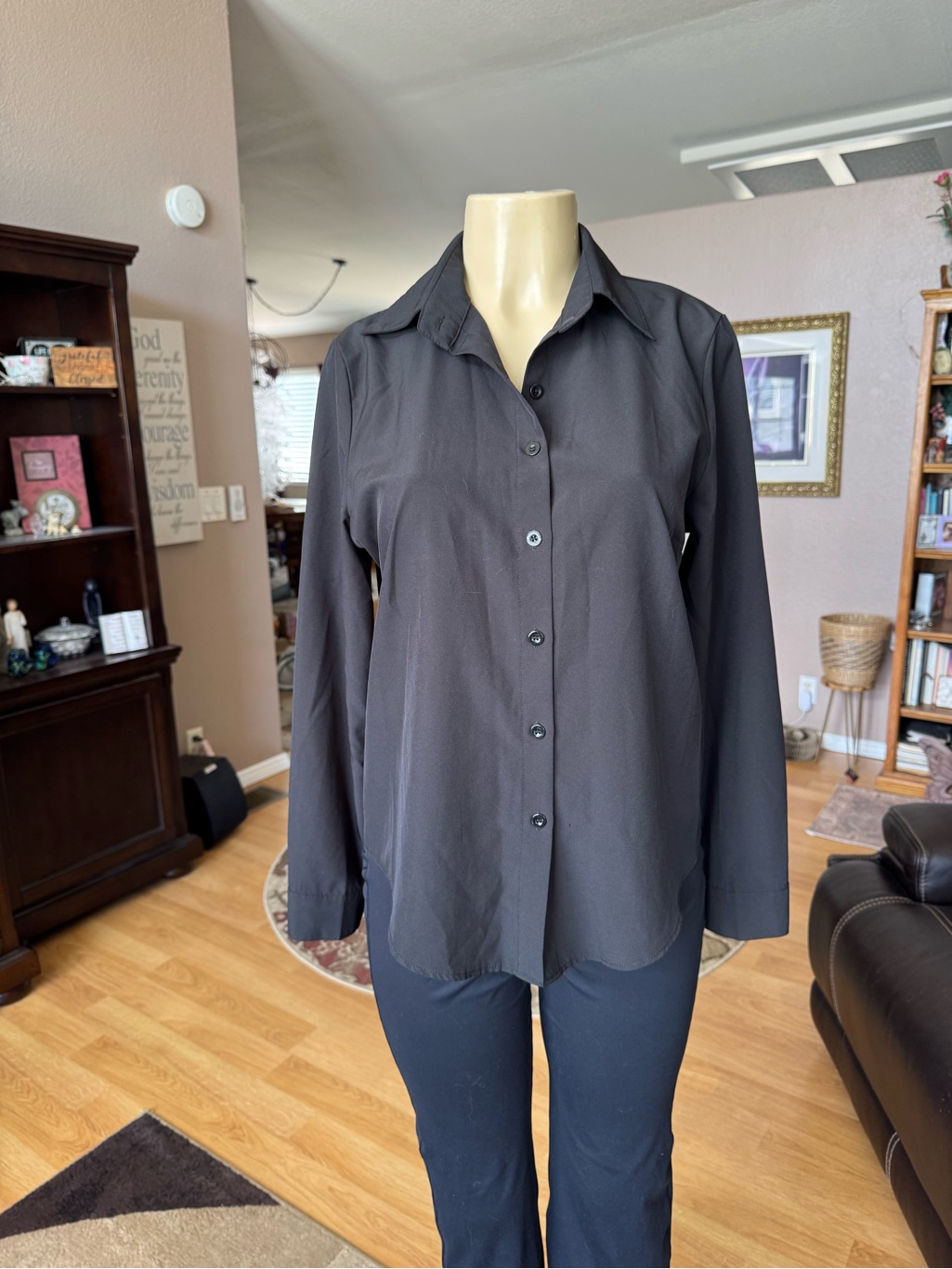 Gemolly Classic Black Long Sleeves Button Up Blouse-Size L